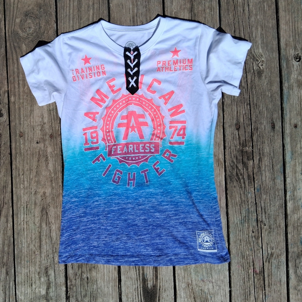 American Fighter Lace-Up Graphic Tee Small Blue Ombré Fearless Shirt